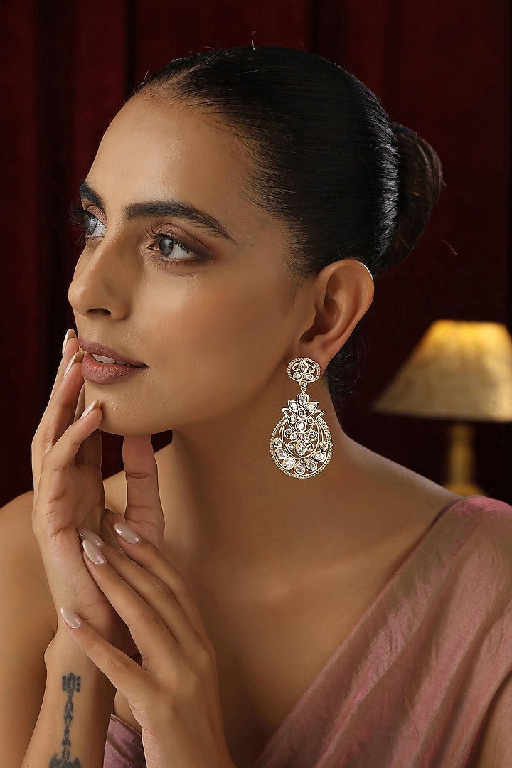 Gold Finish Kundan Polki Dangler Earrings by Swabhimann Jewellery at Pernia's Pop Up Shop