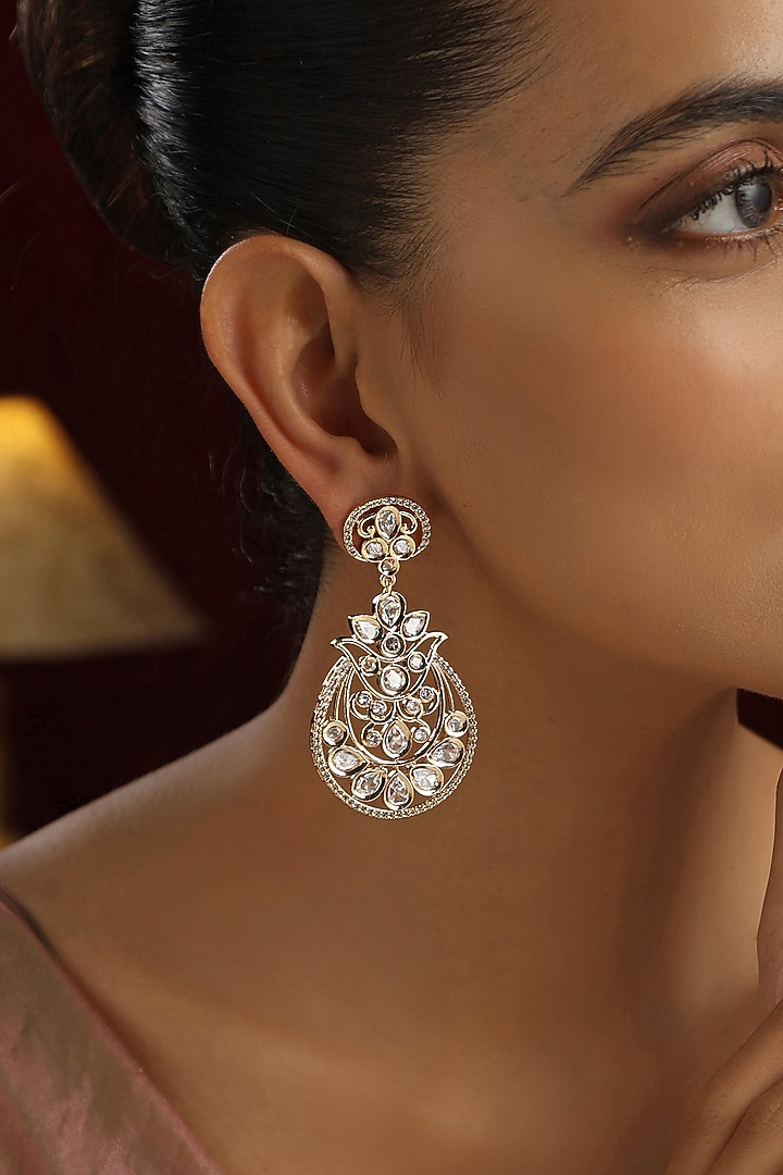 Gold Finish Kundan Polki Dangler Earrings by Swabhimann Jewellery at Pernia's Pop Up Shop