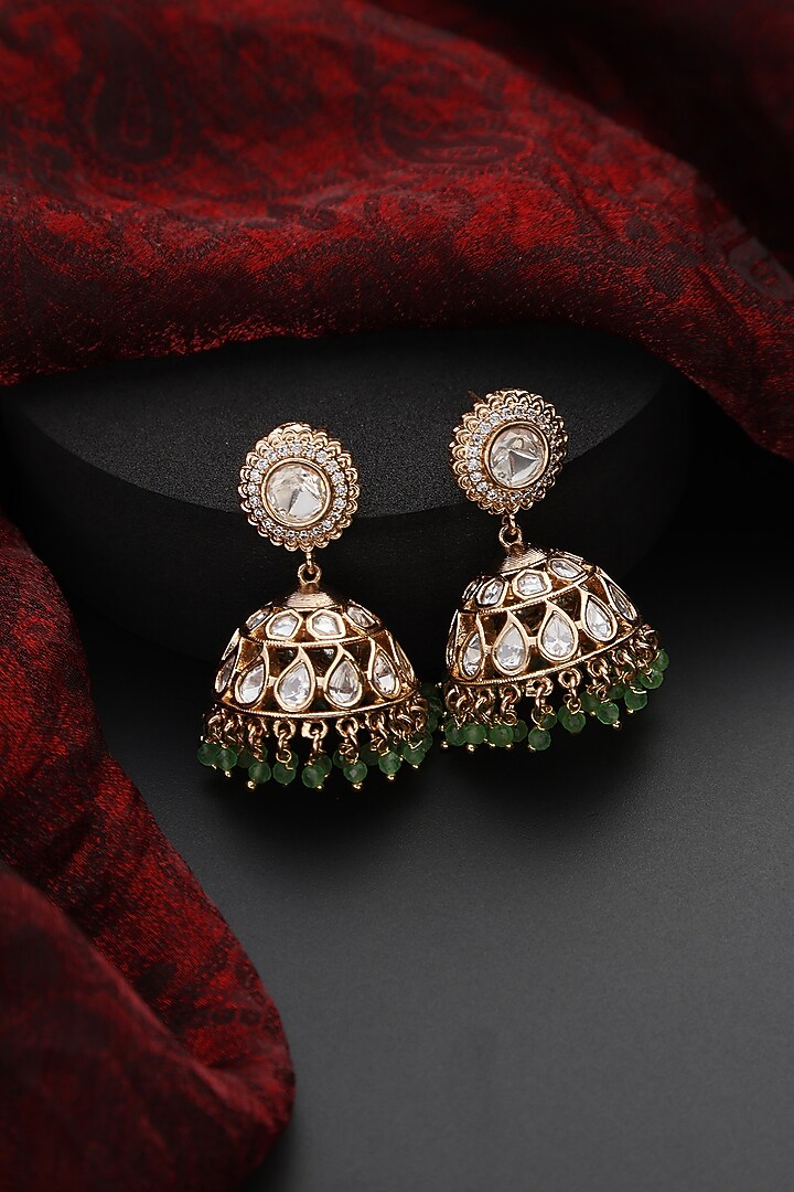 Rose Gold Finish Green Kundan Polki Handmade Jhumka Earrings by Swabhimann Jewellery at Pernia's Pop Up Shop