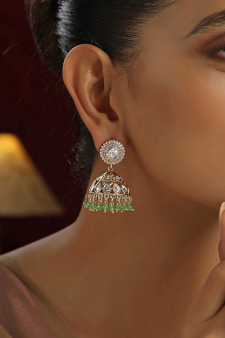 Rose Gold Finish Green Kundan Polki Handmade Jhumka Earrings by Swabhimann Jewellery at Pernia's Pop Up Shop