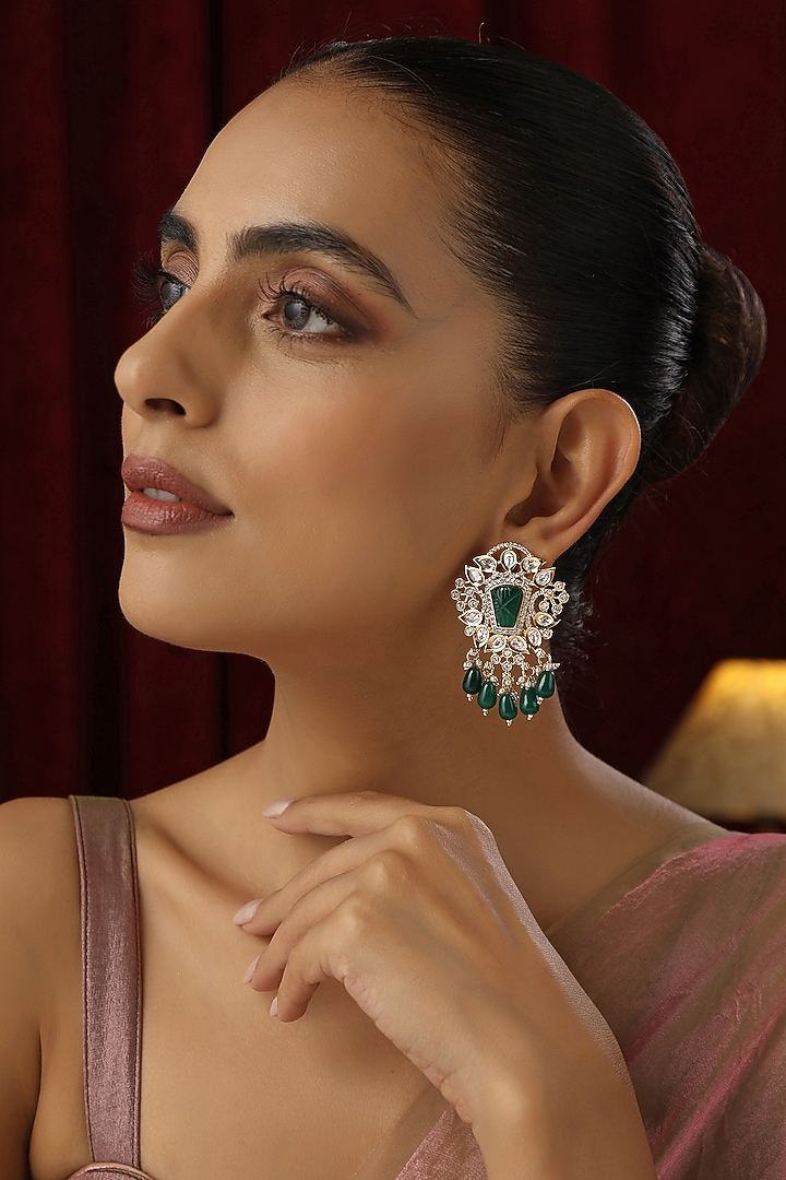 Gold Finish Green Kundan Polki Handmade Dangler Earrings by Swabhimann Jewellery at Pernia's Pop Up Shop
