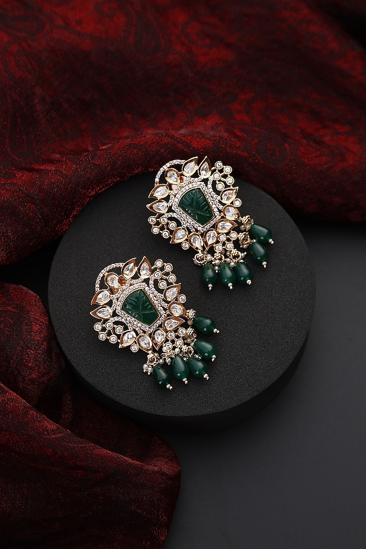 Gold Finish Green Kundan Polki Handmade Dangler Earrings by Swabhimann Jewellery at Pernia's Pop Up Shop
