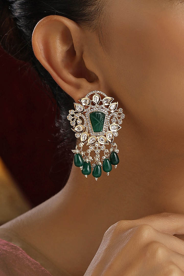 Gold Finish Green Kundan Polki Handmade Dangler Earrings by Swabhimann Jewellery at Pernia's Pop Up Shop