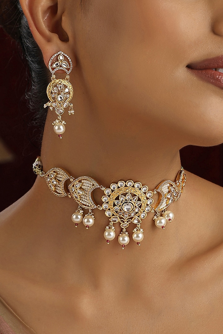 Gold Finish Kundan Polki Handmade Choker Necklace Set by Swabhimann Jewellery at Pernia's Pop Up Shop