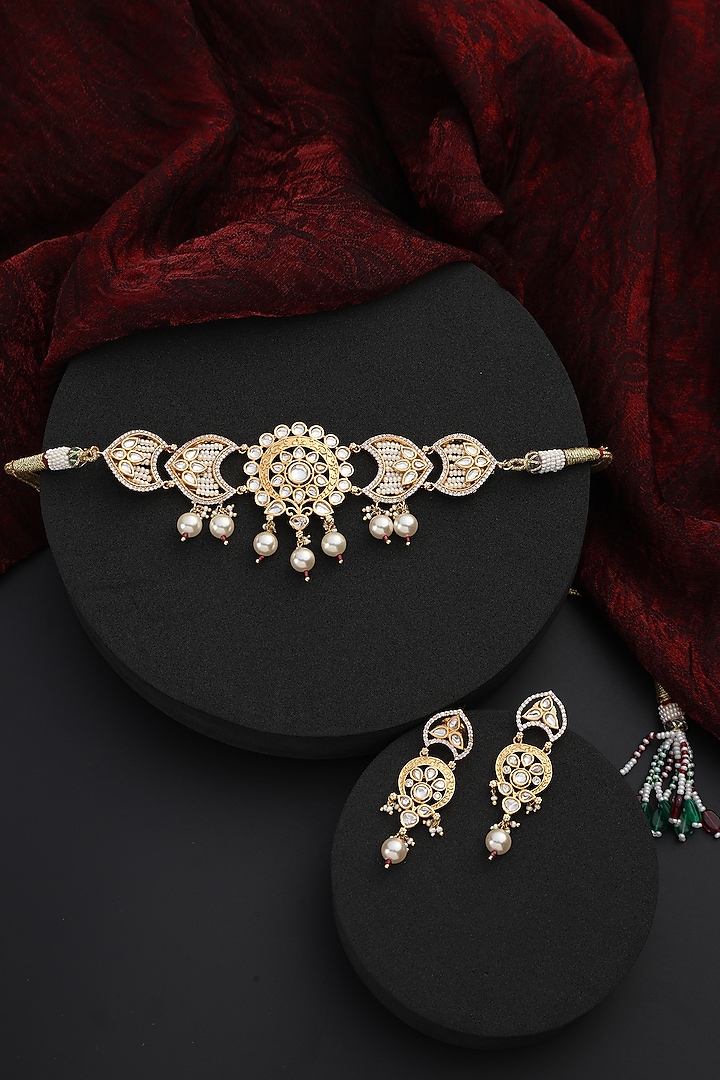 Gold Finish Kundan Polki Handmade Choker Necklace Set by Swabhimann Jewellery at Pernia's Pop Up Shop