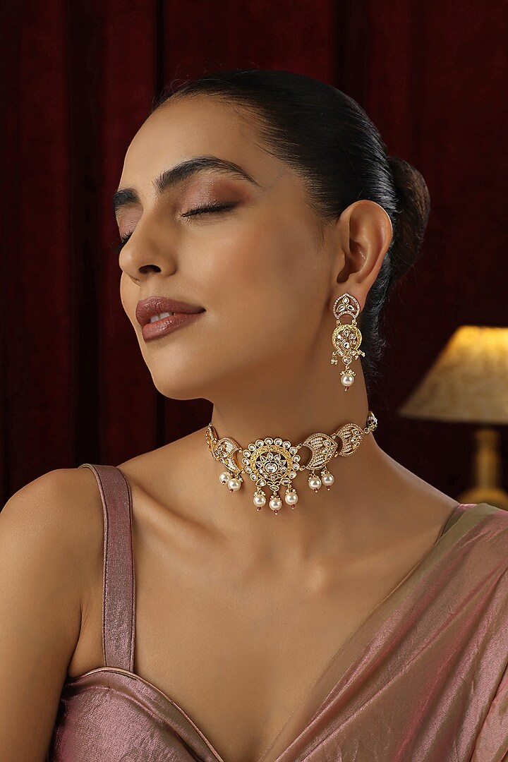 Gold Finish Kundan Polki Handmade Choker Necklace Set by Swabhimann Jewellery at Pernia's Pop Up Shop