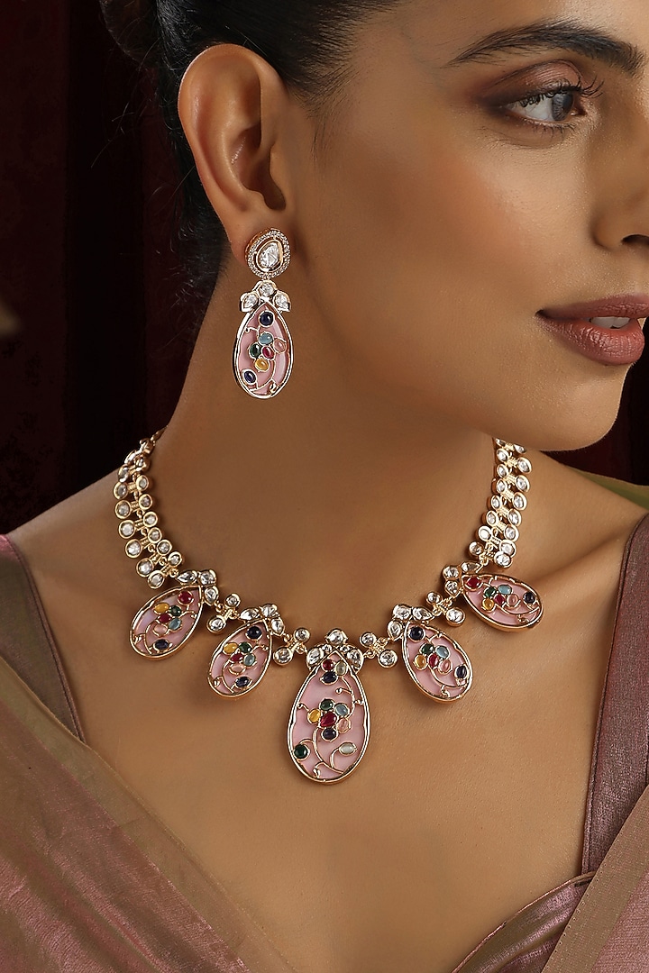 Rose Gold Finish Pink Kundan Polki Handmade Necklace Set by Swabhimann Jewellery at Pernia's Pop Up Shop