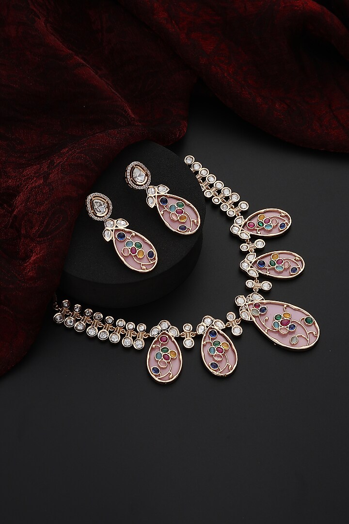 Rose Gold Finish Pink Kundan Polki Handmade Necklace Set by Swabhimann Jewellery at Pernia's Pop Up Shop