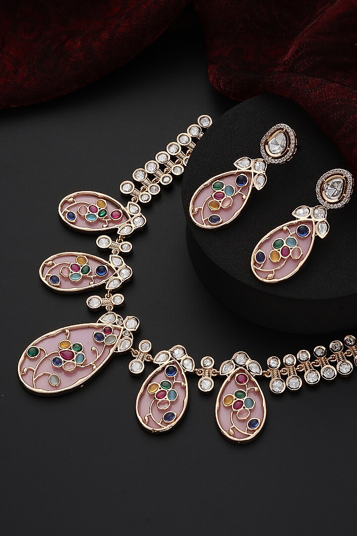 Rose Gold Finish Pink Kundan Polki Handmade Necklace Set by Swabhimann Jewellery at Pernia's Pop Up Shop