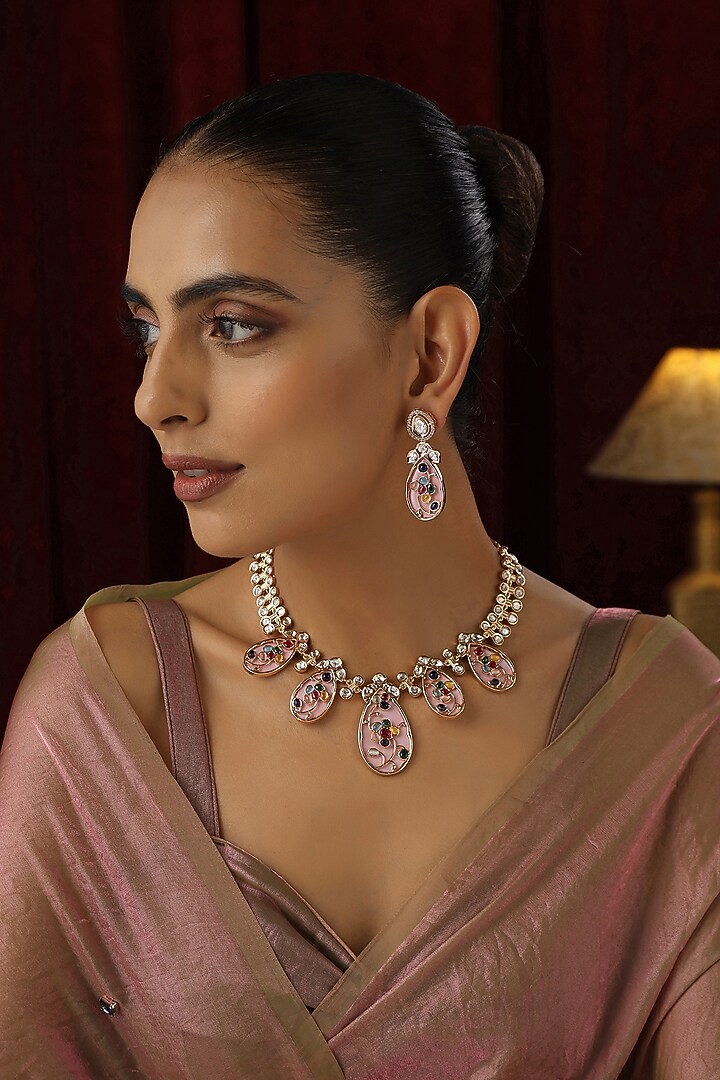 Rose Gold Finish Pink Kundan Polki Handmade Necklace Set by Swabhimann Jewellery at Pernia's Pop Up Shop