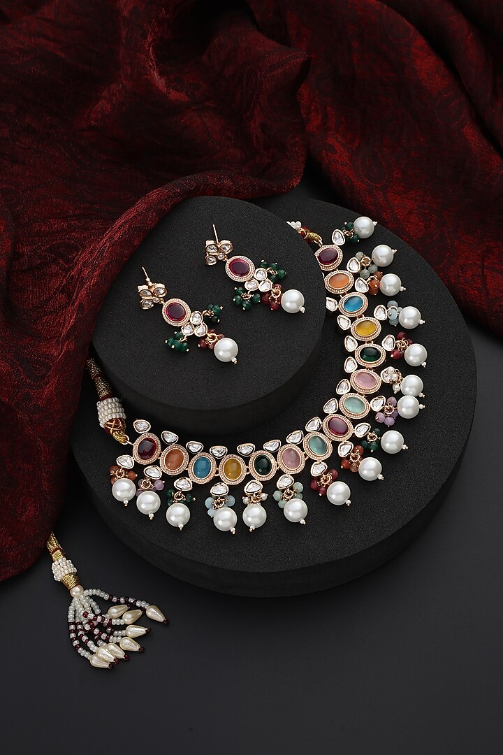 Rose Gold Finish Multi-Colored Kundan Polki & Pearl Handmade Choker Necklace Set by Swabhimann Jewellery at Pernia's Pop Up Shop