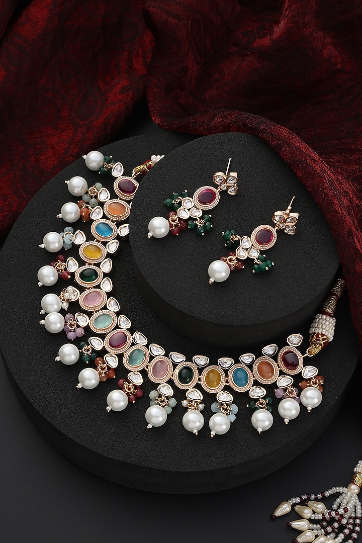 Rose Gold Finish Multi-Colored Kundan Polki & Pearl Handmade Choker Necklace Set by Swabhimann Jewellery at Pernia's Pop Up Shop
