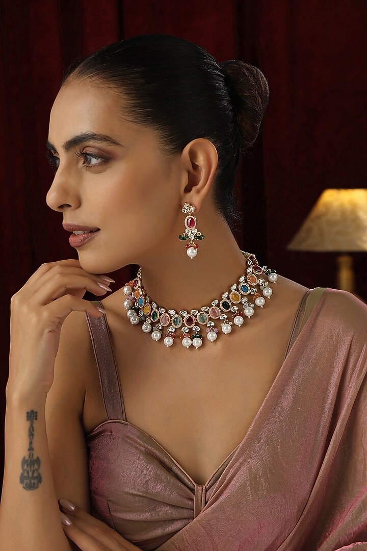 Rose Gold Finish Multi-Colored Kundan Polki & Pearl Handmade Choker Necklace Set by Swabhimann Jewellery at Pernia's Pop Up Shop