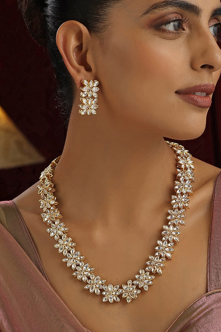Gold Finish Kundan Polki Handmade Long Necklace Set by Swabhimann Jewellery at Pernia's Pop Up Shop