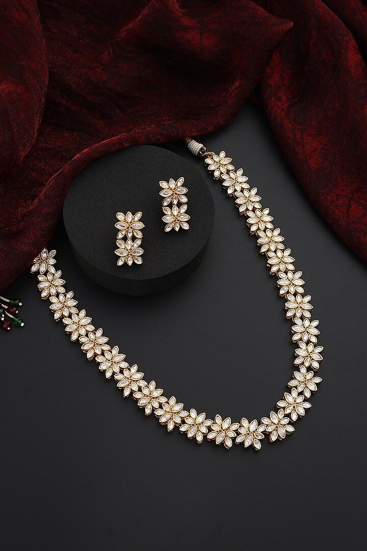 Gold Finish Kundan Polki Handmade Long Necklace Set by Swabhimann Jewellery at Pernia's Pop Up Shop