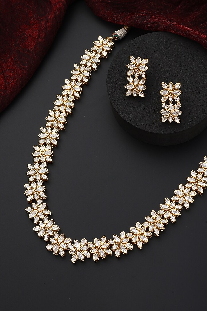 Gold Finish Kundan Polki Handmade Long Necklace Set by Swabhimann Jewellery at Pernia's Pop Up Shop