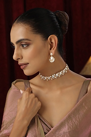 Rose Gold Finish Kundan Polki Handmade Choker Necklace Set by Swabhimann Jewellery