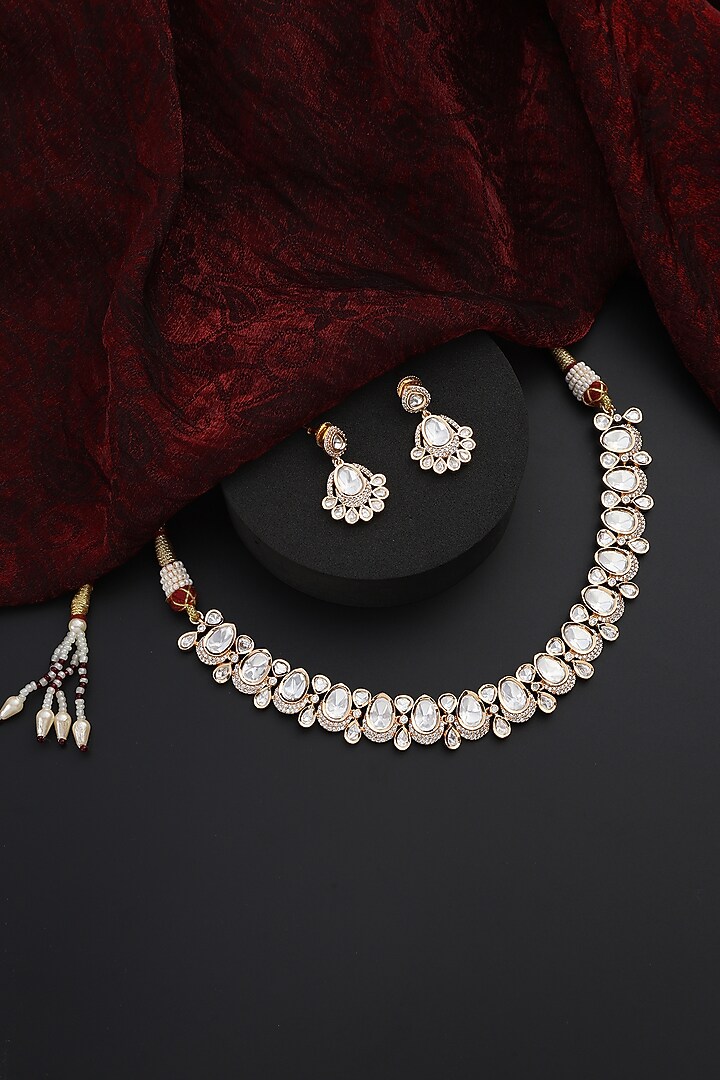 Rose Gold Finish Kundan Polki Handmade Choker Necklace Set by Swabhimann Jewellery at Pernia's Pop Up Shop