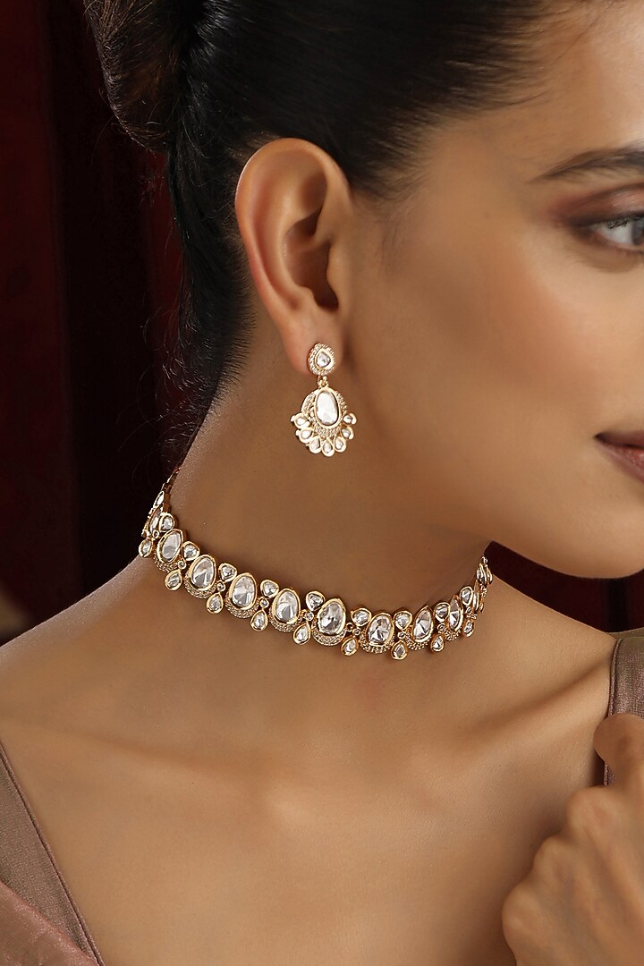 Rose Gold Finish Kundan Polki Handmade Choker Necklace Set by Swabhimann Jewellery at Pernia's Pop Up Shop