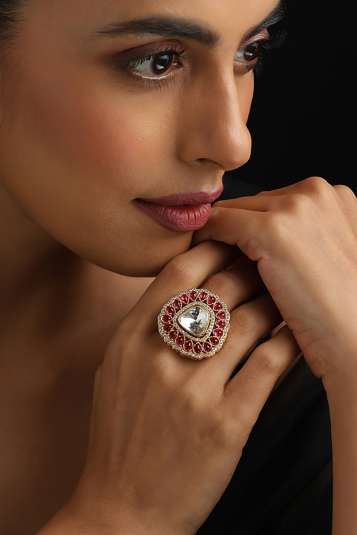 Gold Finish Red Kundan Polki Adjustable Ring by Swabhimann Jewellery at Pernia's Pop Up Shop