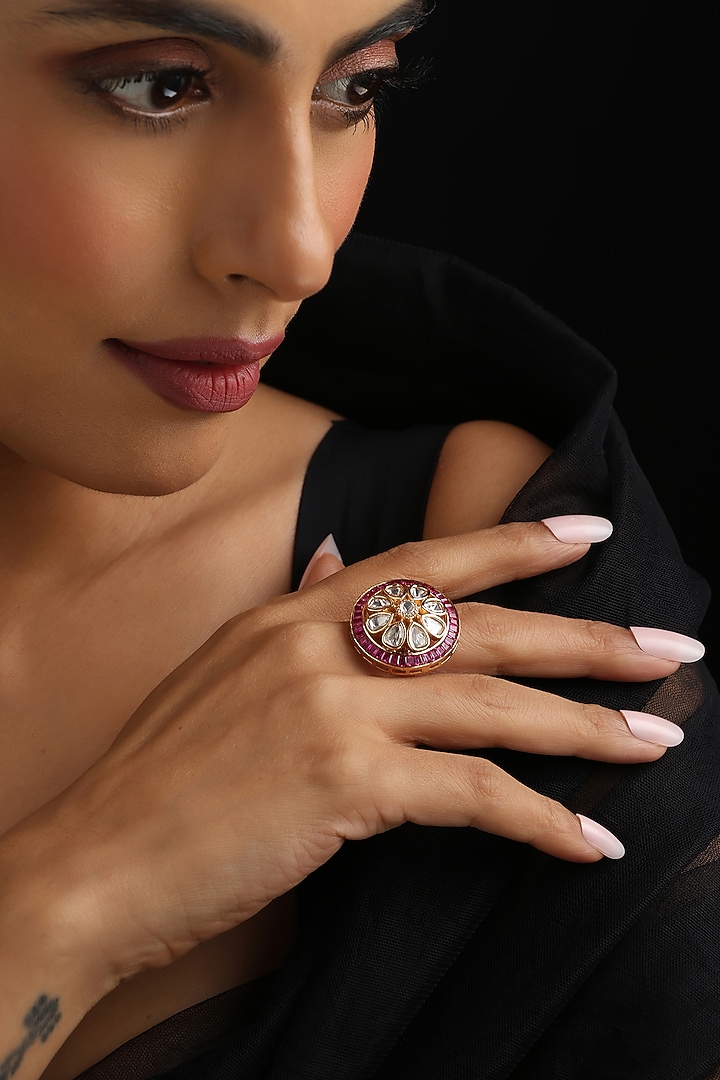 Rose Gold Finish Red Kundan Polki Adjustable Ring by Swabhimann Jewellery at Pernia's Pop Up Shop