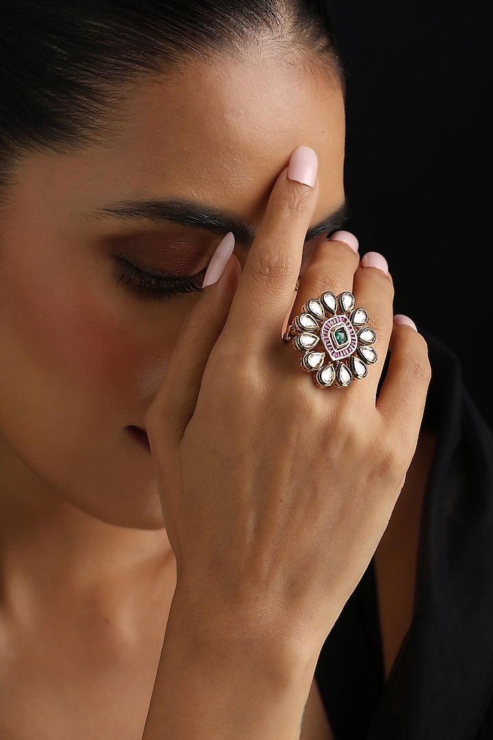 Rose Gold Finish Multi-Colored Kundan Polki Adjustable Ring by Swabhimann Jewellery at Pernia's Pop Up Shop