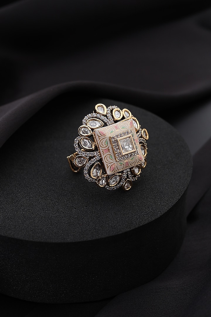Gold Finish Kundan Polki Pink Meenakari Adjustable Ring by Swabhimann Jewellery at Pernia's Pop Up Shop
