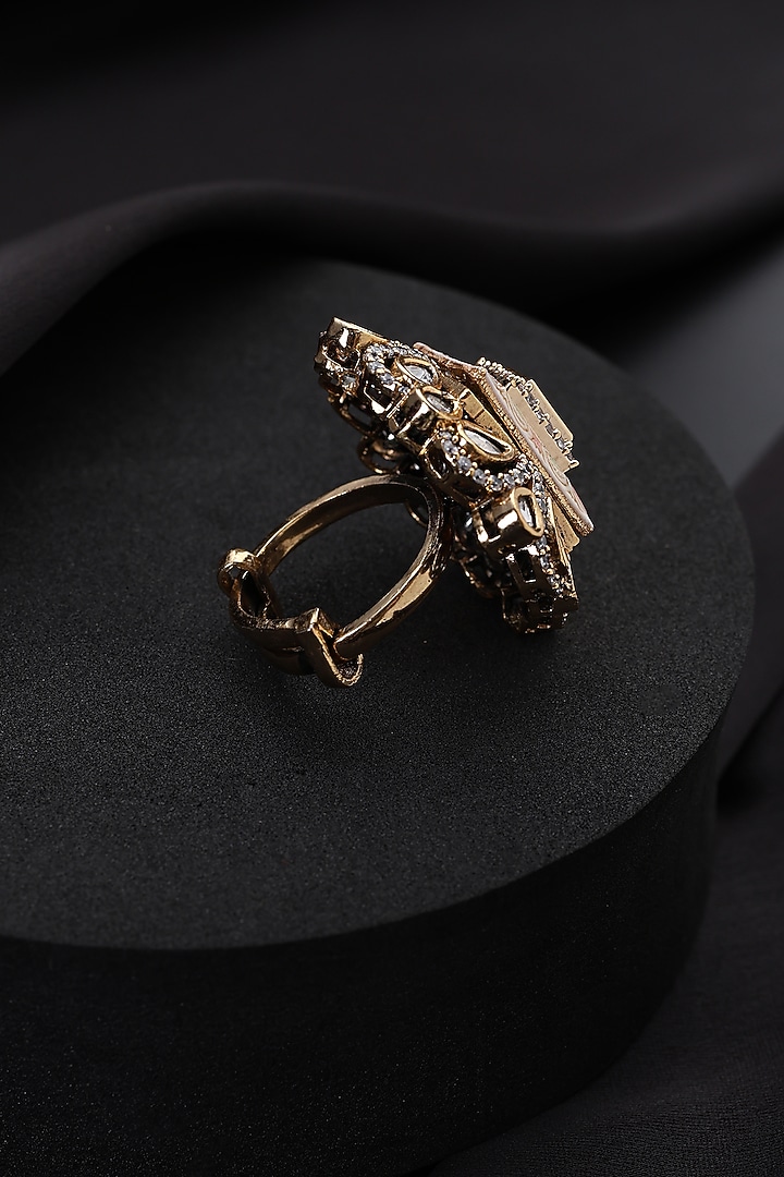 Gold Finish Kundan Polki Pink Meenakari Adjustable Ring by Swabhimann Jewellery at Pernia's Pop Up Shop