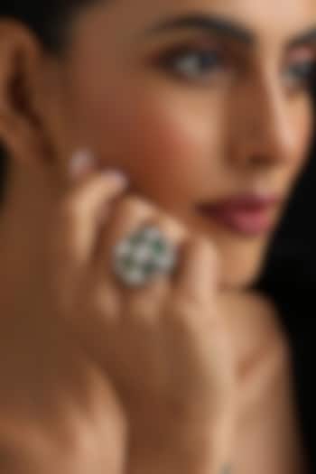 Gold Finish Green Kundan Polki Adjustable Ring by Swabhimann Jewellery at Pernia's Pop Up Shop