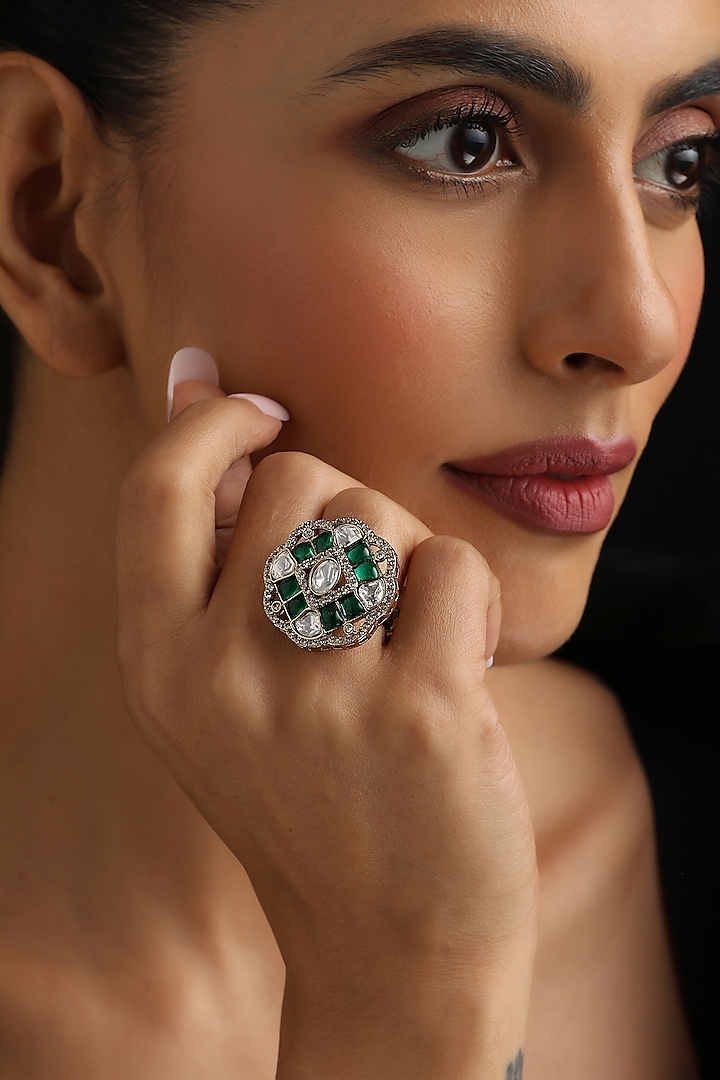 Gold Finish Green Kundan Polki Adjustable Ring by Swabhimann Jewellery at Pernia's Pop Up Shop