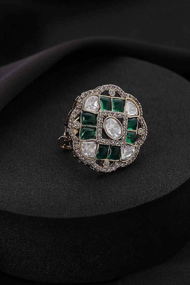 Gold Finish Green Kundan Polki Adjustable Ring by Swabhimann Jewellery at Pernia's Pop Up Shop