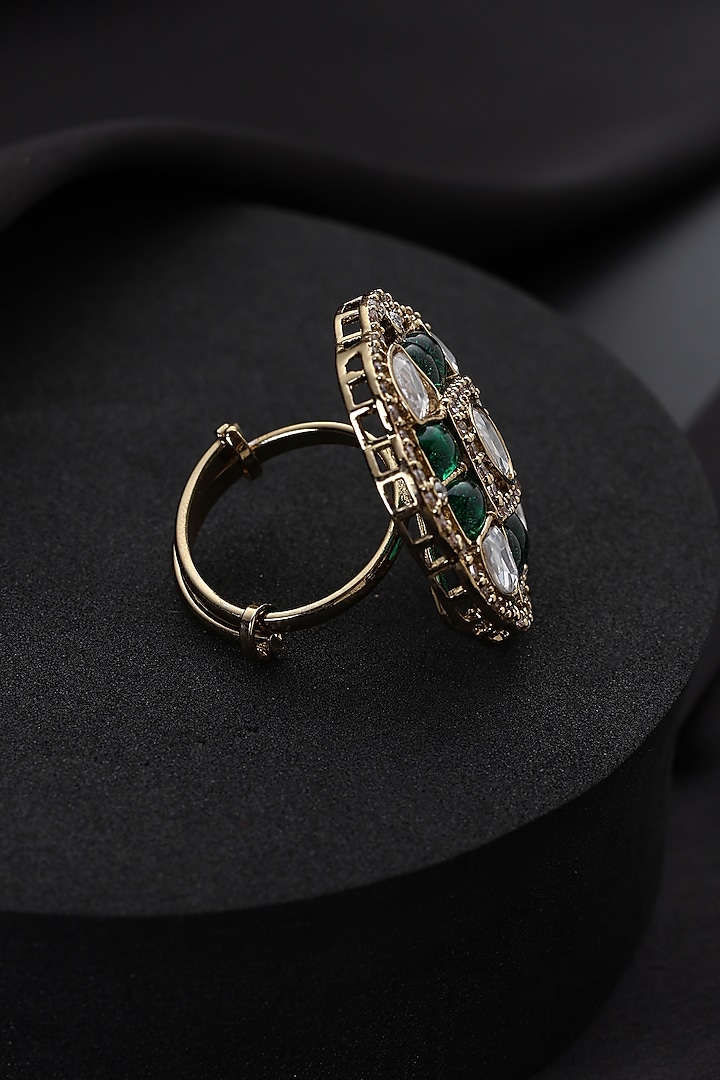 Gold Finish Green Kundan Polki Adjustable Ring by Swabhimann Jewellery at Pernia's Pop Up Shop
