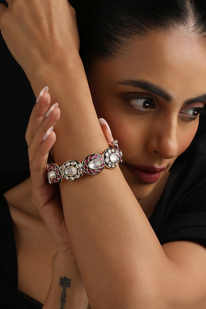 Rose Gold Finish Multi-Colored Kundan Polki Kada by Swabhimann Jewellery at Pernia's Pop Up Shop