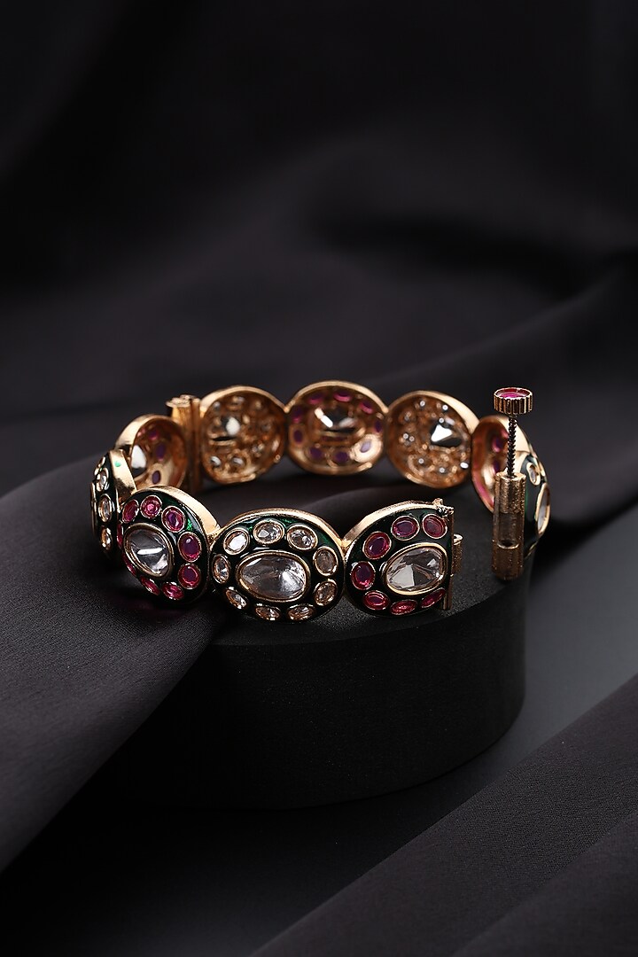 Rose Gold Finish Multi-Colored Kundan Polki Kada by Swabhimann Jewellery at Pernia's Pop Up Shop