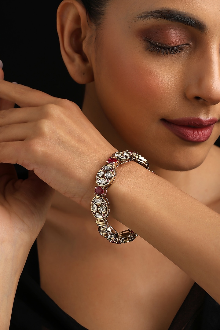 Gold Finish Red Kundan Polki Kada by Swabhimann Jewellery at Pernia's Pop Up Shop