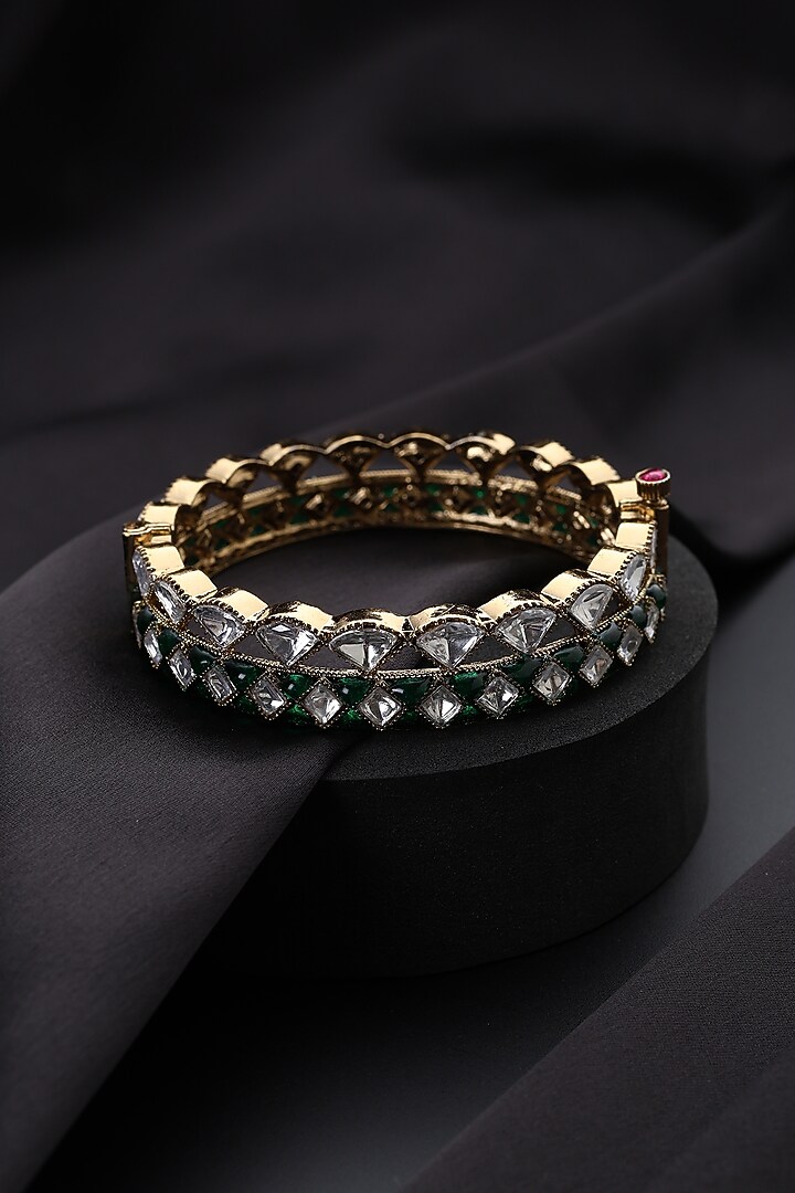 Gold Finish Green Kundan Polki Kada by Swabhimann Jewellery at Pernia's Pop Up Shop