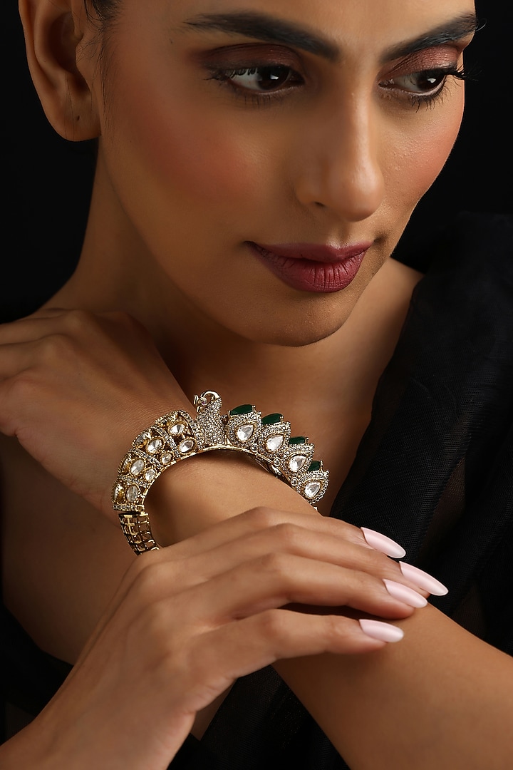 Gold Finish Green Kundan Polki Kada by Swabhimann Jewellery at Pernia's Pop Up Shop