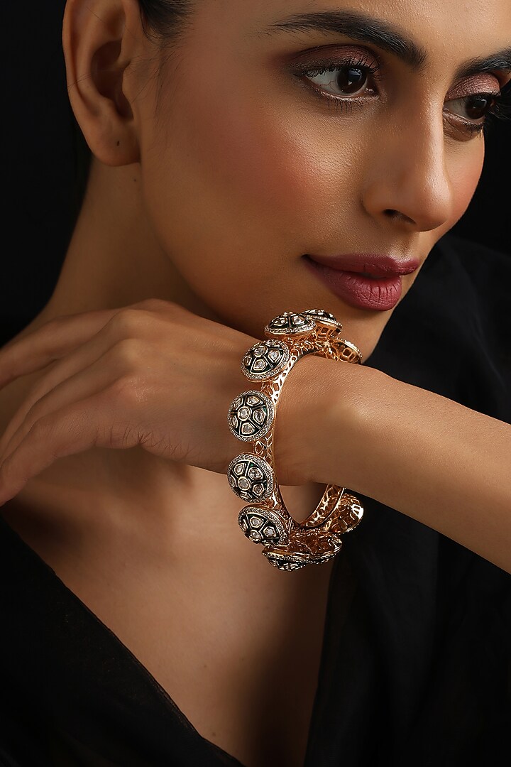 Rose Gold Finish Green Kundan Polki Pacheli Kada by Swabhimann Jewellery at Pernia's Pop Up Shop