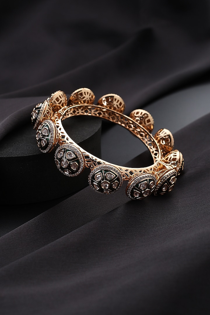 Rose Gold Finish Green Kundan Polki Pacheli Kada by Swabhimann Jewellery at Pernia's Pop Up Shop