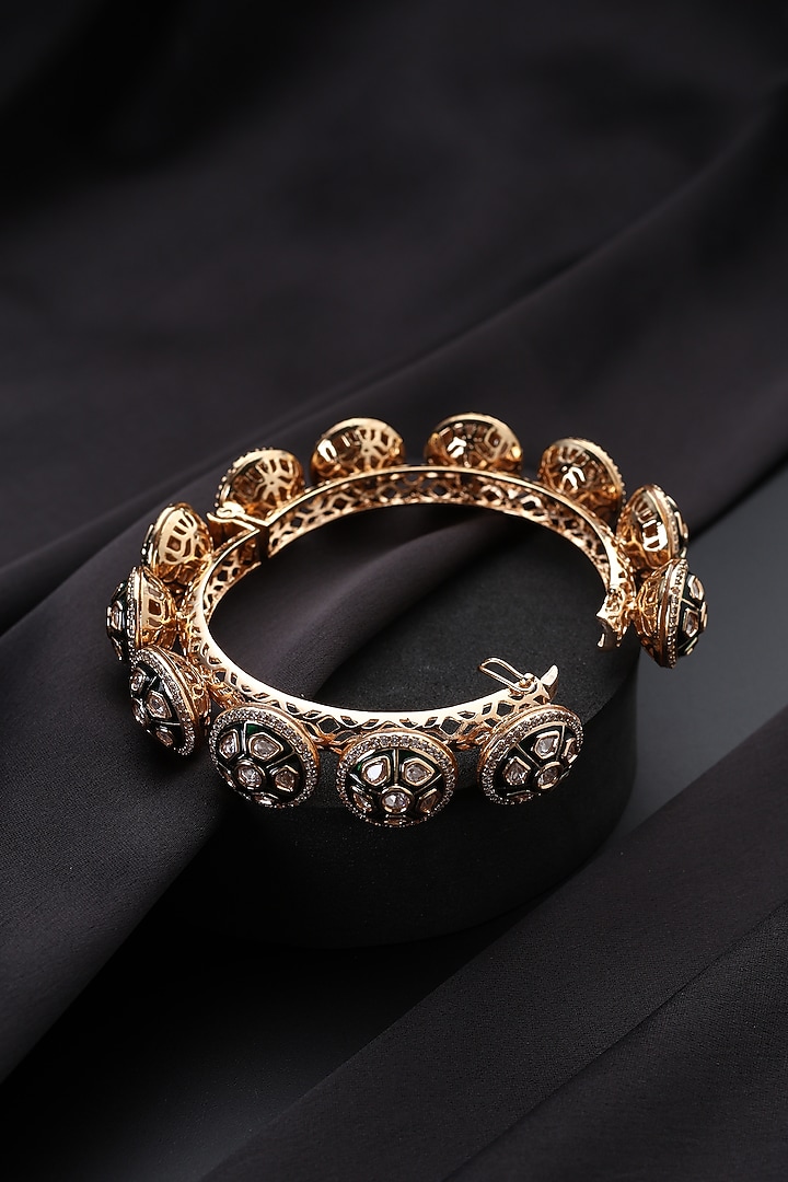 Rose Gold Finish Green Kundan Polki Pacheli Kada by Swabhimann Jewellery at Pernia's Pop Up Shop