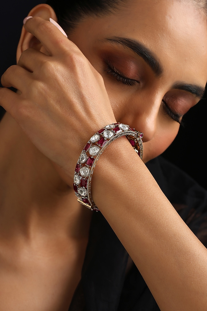 Gold Finish Red Kundan Polki Kada by Swabhimann Jewellery at Pernia's Pop Up Shop