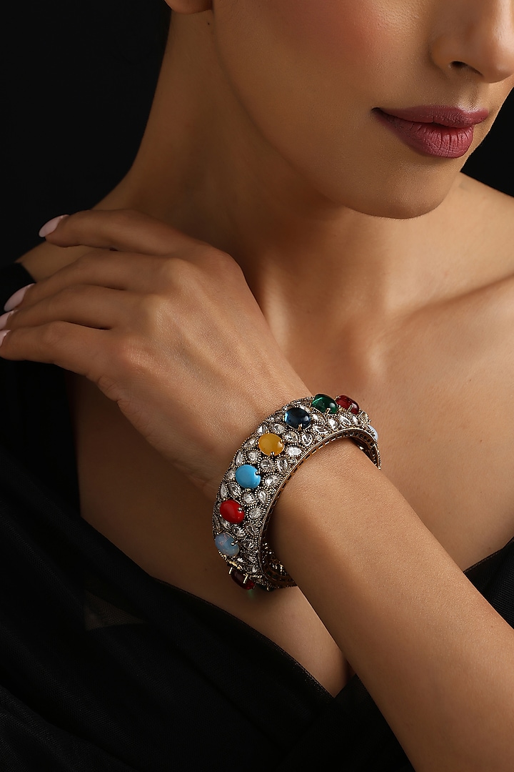Gold Finish Multi-Colored Kundan Polki Kada by Swabhimann Jewellery at Pernia's Pop Up Shop