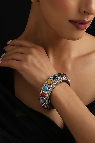 Gold Finish Multi-Colored Kundan Polki Kada by Swabhimann Jewellery