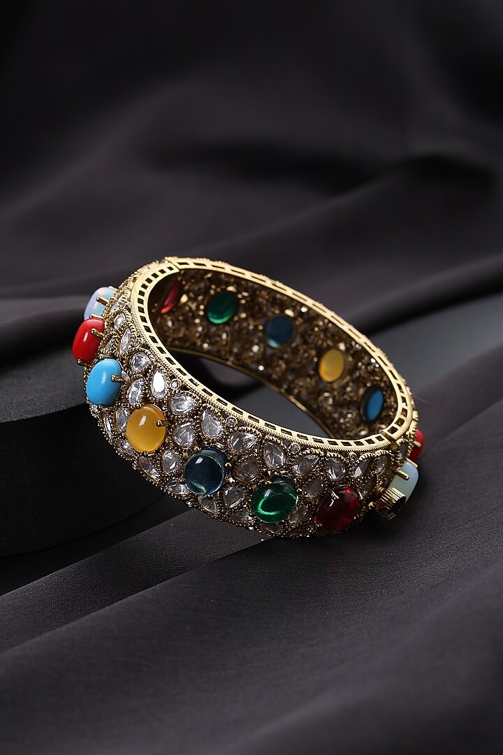 Gold Finish Multi-Colored Kundan Polki Kada by Swabhimann Jewellery at Pernia's Pop Up Shop