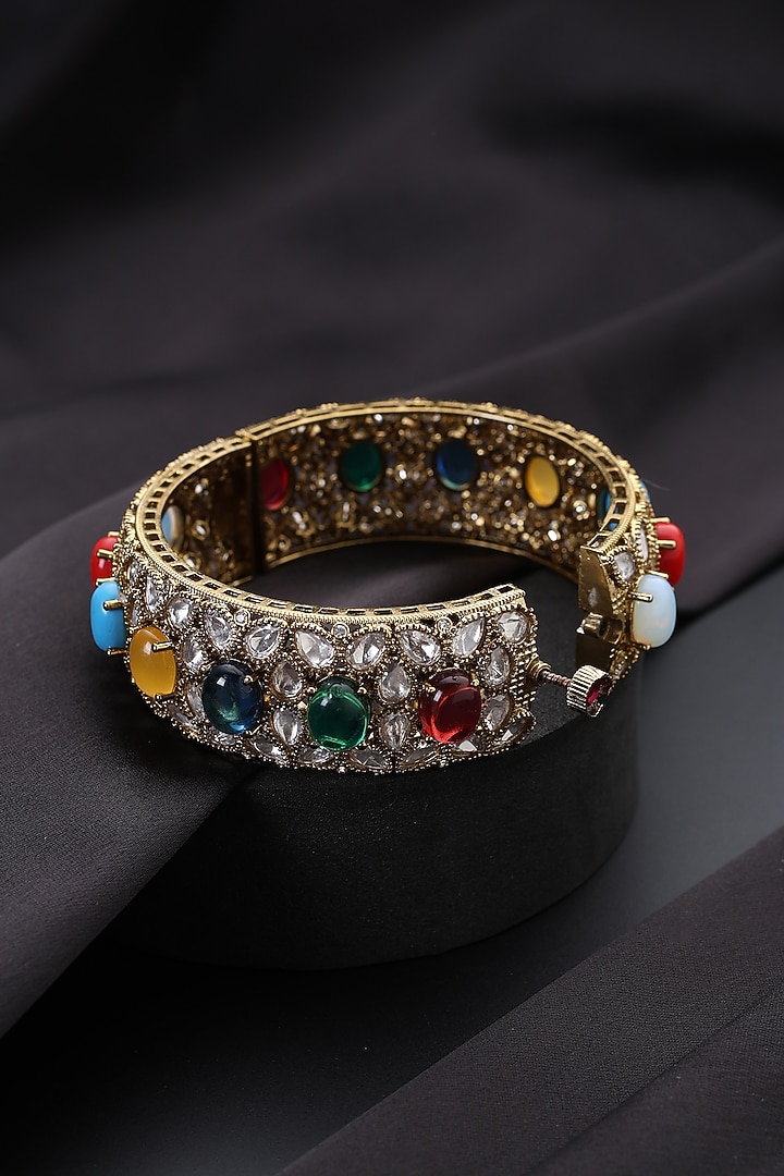 Gold Finish Multi-Colored Kundan Polki Kada by Swabhimann Jewellery at Pernia's Pop Up Shop