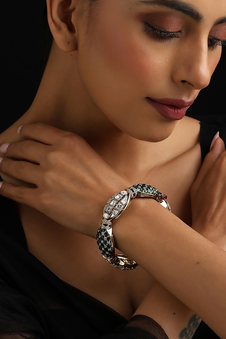 Gold Finish Green Kundan Polki Kada by Swabhimann Jewellery at Pernia's Pop Up Shop