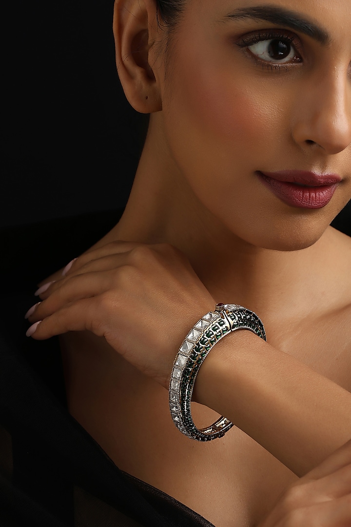 Gold Finish Green Kundan Polki Kada by Swabhimann Jewellery at Pernia's Pop Up Shop