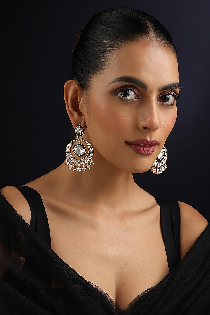 Rose Gold Finish Green Kundan Polki Handmade Chandbali Earrings by Swabhimann Jewellery at Pernia's Pop Up Shop