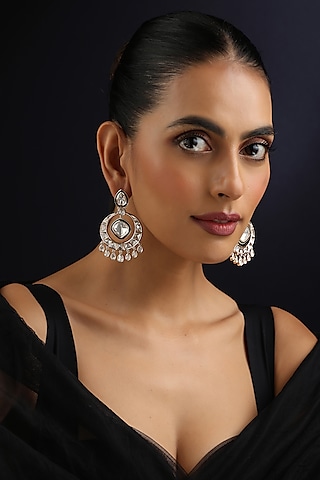 Rose Gold Finish Green Kundan Polki Handmade Chandbali Earrings by Swabhimann Jewellery
