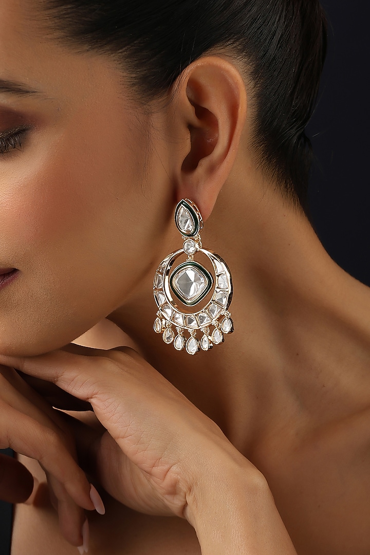 Rose Gold Finish Green Kundan Polki Handmade Chandbali Earrings by Swabhimann Jewellery at Pernia's Pop Up Shop